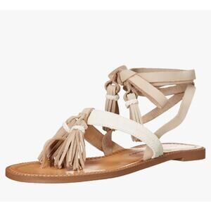Chinese Laundry Boho Cream Leather Giordana Lace Up Flat Sandal Size 6.5 Tassels